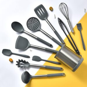 Keidason Kitchen Cooking Utensils Set, 12-piece Non-stick Silicone Kitchen Utensils Set Heat-resistant Stainless Steel Handle, BPA-Free, Cooking Tool Mixing Kitchen Tool Set (Gray)