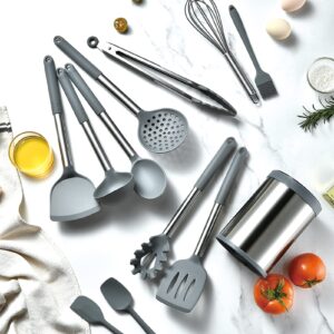 Keidason Kitchen Cooking Utensils Set, 12-piece Non-stick Silicone Kitchen Utensils Set Heat-resistant Stainless Steel Handle, BPA-Free, Cooking Tool Mixing Kitchen Tool Set (Gray)