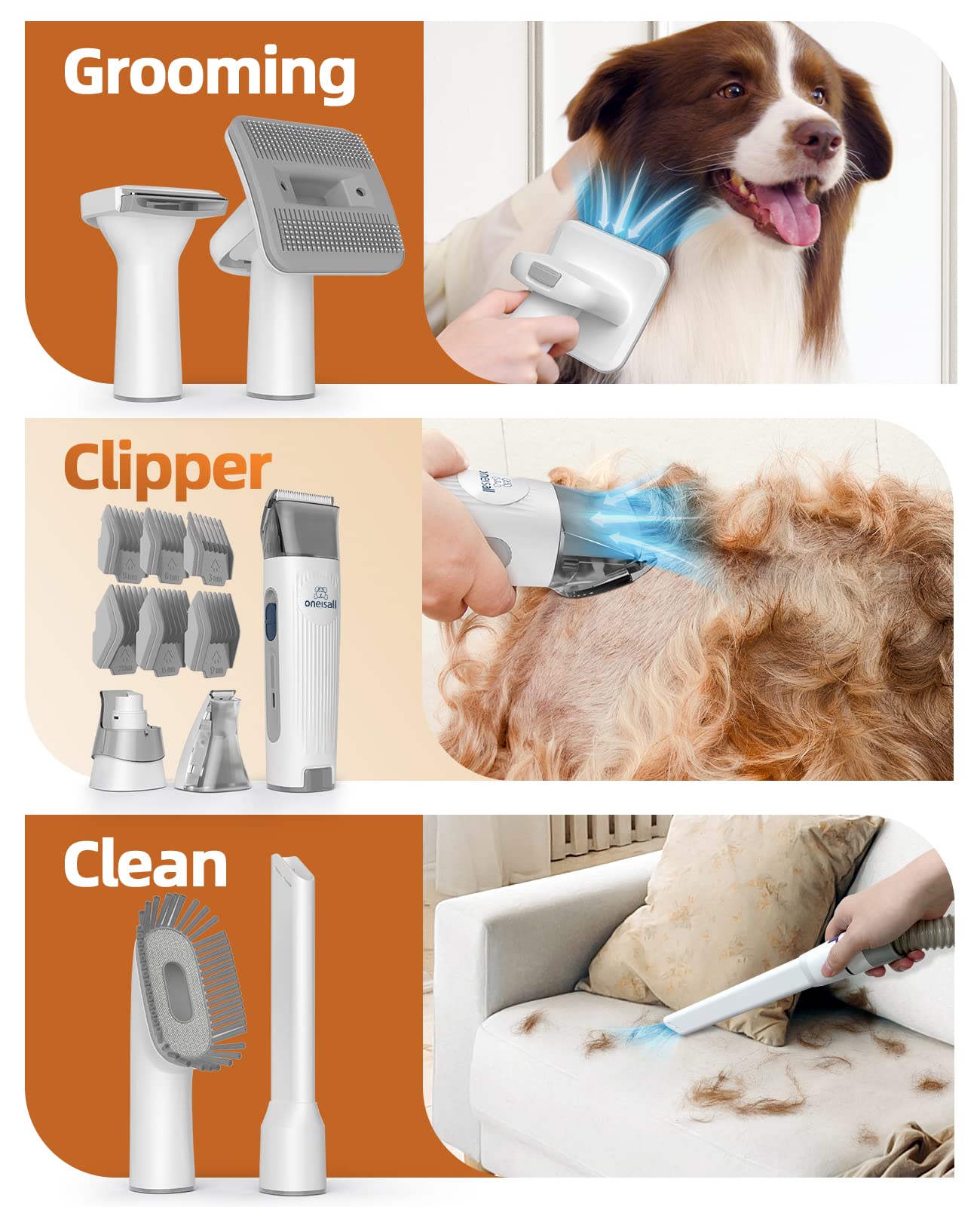 oneisall Dog Hair Vacuum & Dog Grooming Kit, Pet Grooming Vacuum with Pet Clipper Nail Grinder, 1.5L Dust Cup Dog Brush Vacuum with 7 Pet Grooming Tools for Shedding Pet Hair, Home Cleaning