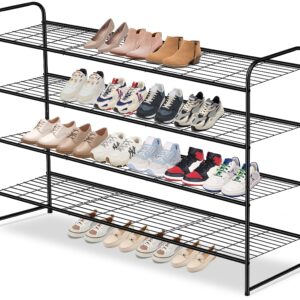 AOODA 4 Tier Long Metal Shoe Rack for Closet Wide Stackable Shoe Organizer for Entryway, Bedroom, Floor, Holds 30 Pairs Men Sneakers Large Shoe Storage Shelf with Wire Grid, Black