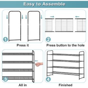 AOODA 4 Tier Long Metal Shoe Rack for Closet Wide Stackable Shoe Organizer for Entryway, Bedroom, Floor, Holds 30 Pairs Men Sneakers Large Shoe Storage Shelf with Wire Grid, Black