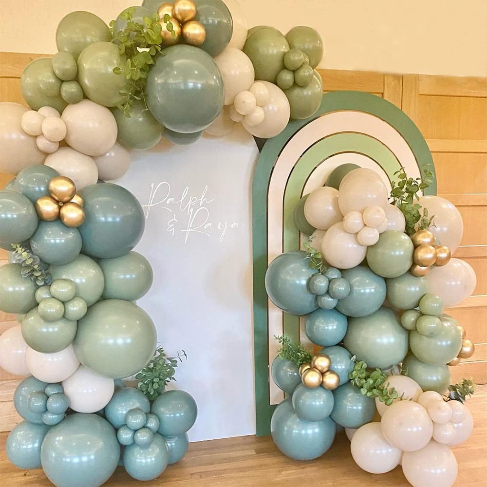 136PCS Dusty Green Blue Balloon Garland Arch Kit Green Ash Mist Green Blue Haze Fog Blue Sand White Gold Balloons for Boho Baby Bridal Shower Wedding Birthday Party Decorations