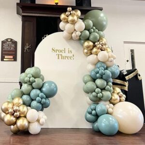 136PCS Dusty Green Blue Balloon Garland Arch Kit Green Ash Mist Green Blue Haze Fog Blue Sand White Gold Balloons for Boho Baby Bridal Shower Wedding Birthday Party Decorations