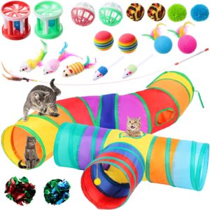 Wettarn 22 Pieces Cat Toys Set, with 2 Collapsible Cat Tunnels for Indoor Cats and 20 Kitten Toys Cat Tubes and Tunnels Interactive Cat Feather Toy Mouse Crinkle Balls for Cats Puppies (Colorful)