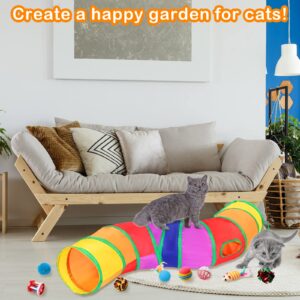 Wettarn 22 Pieces Cat Toys Set, with 2 Collapsible Cat Tunnels for Indoor Cats and 20 Kitten Toys Cat Tubes and Tunnels Interactive Cat Feather Toy Mouse Crinkle Balls for Cats Puppies (Colorful)