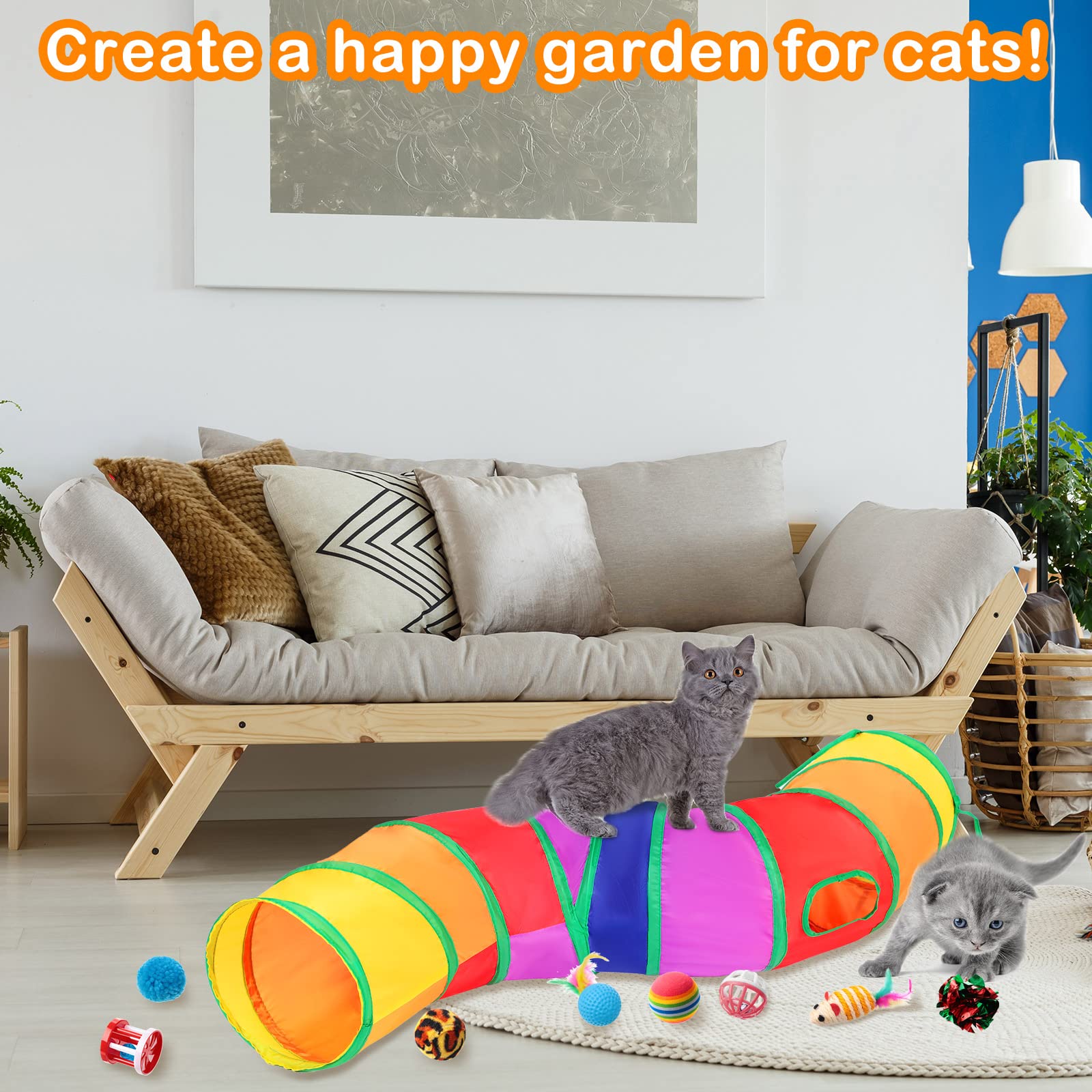 Wettarn 22 Pieces Cat Toys Set, with 2 Collapsible Cat Tunnels for Indoor Cats and 20 Kitten Toys Cat Tubes and Tunnels Interactive Cat Feather Toy Mouse Crinkle Balls for Cats Puppies (Colorful)