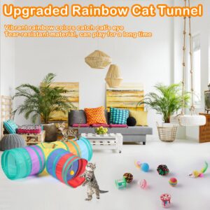 Wettarn 22 Pieces Cat Toys Set, with 2 Collapsible Cat Tunnels for Indoor Cats and 20 Kitten Toys Cat Tubes and Tunnels Interactive Cat Feather Toy Mouse Crinkle Balls for Cats Puppies (Colorful)