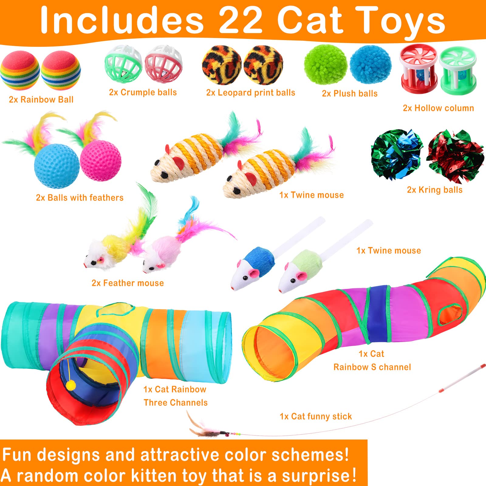 Wettarn 22 Pieces Cat Toys Set, with 2 Collapsible Cat Tunnels for Indoor Cats and 20 Kitten Toys Cat Tubes and Tunnels Interactive Cat Feather Toy Mouse Crinkle Balls for Cats Puppies (Colorful)