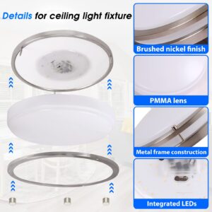 13 inch Ceiling Light Fixture, Dimmable LED Flush Mount Ceiling Light for Kitchen, Bedroom, Bathroom, Hallway, 2700K/3000K/4000K/5000K/6500K Color Adjustbale, 24W 1600LM, Brushed Nickel, ETL Listed