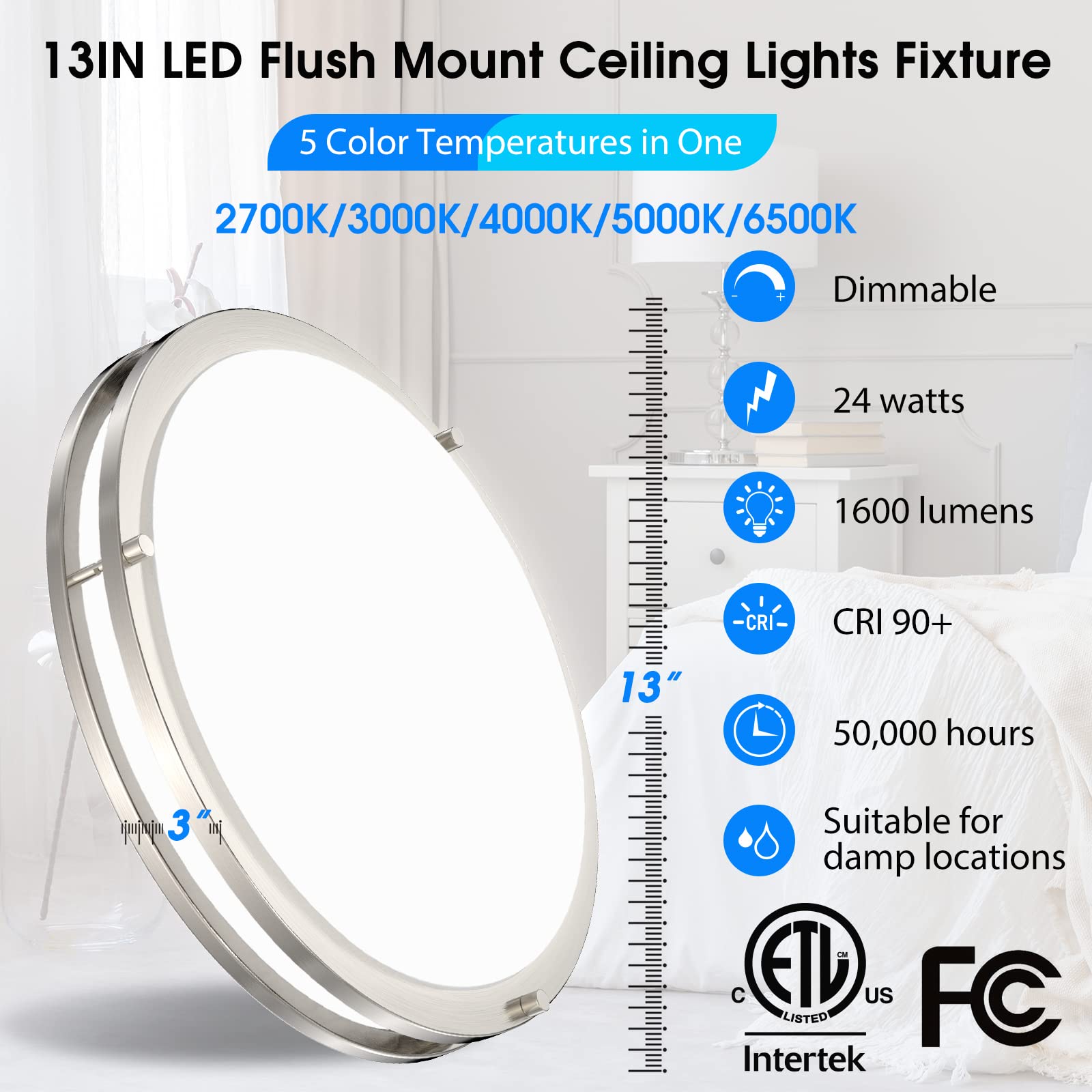 13 inch Ceiling Light Fixture, Dimmable LED Flush Mount Ceiling Light for Kitchen, Bedroom, Bathroom, Hallway, 2700K/3000K/4000K/5000K/6500K Color Adjustbale, 24W 1600LM, Brushed Nickel, ETL Listed