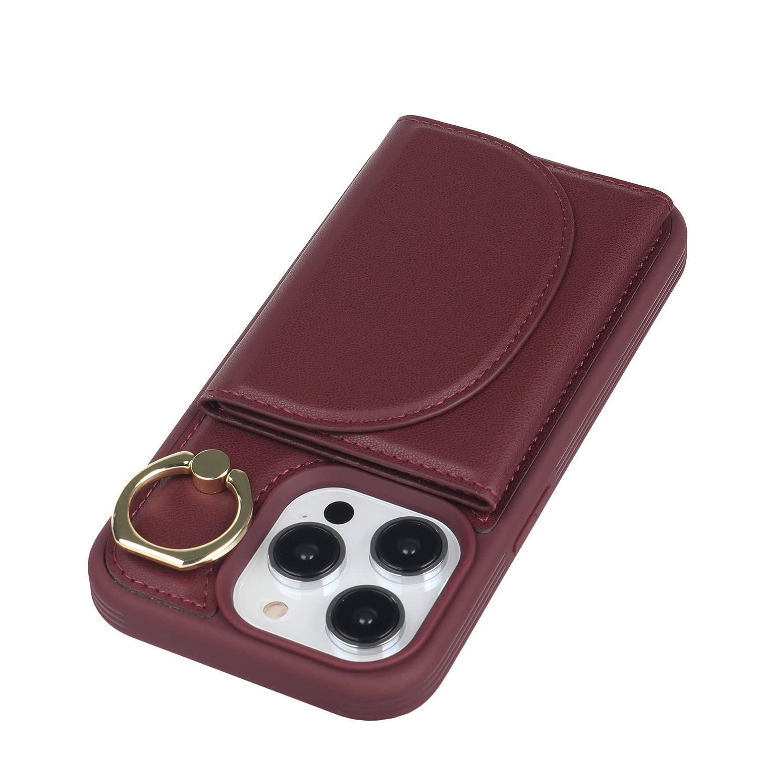 Lipvina for iPhone 12 Pro Max/13 Pro Max Case with Card Holder - Credit Card Slot,RFID Blocking,360°Rotating Ring Kickstand and PU Leather Wallet Cover for Women(Wine Red)