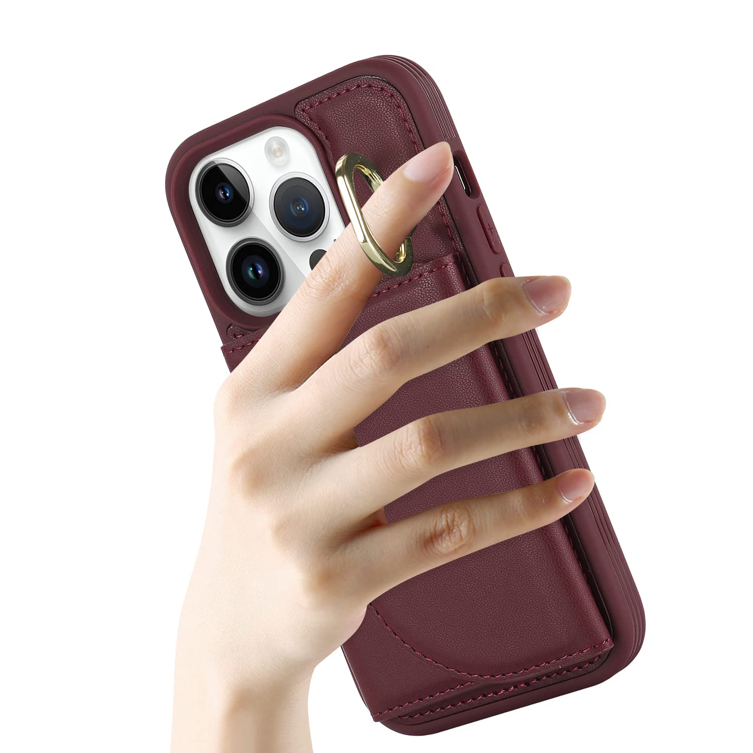 Lipvina for iPhone 12 Pro Max/13 Pro Max Case with Card Holder - Credit Card Slot,RFID Blocking,360°Rotating Ring Kickstand and PU Leather Wallet Cover for Women(Wine Red)