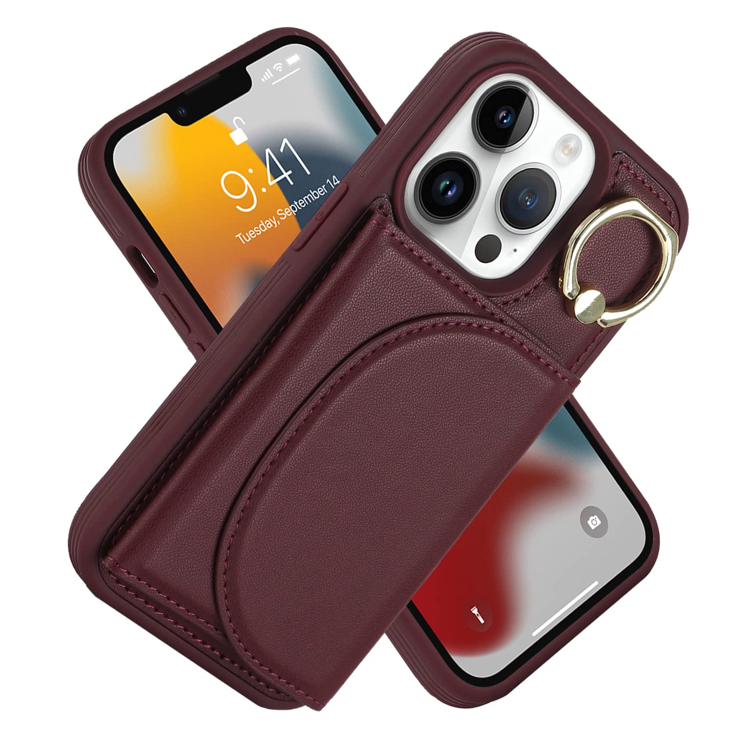 Lipvina for iPhone 12 Pro Max/13 Pro Max Case with Card Holder - Credit Card Slot,RFID Blocking,360°Rotating Ring Kickstand and PU Leather Wallet Cover for Women(Wine Red)