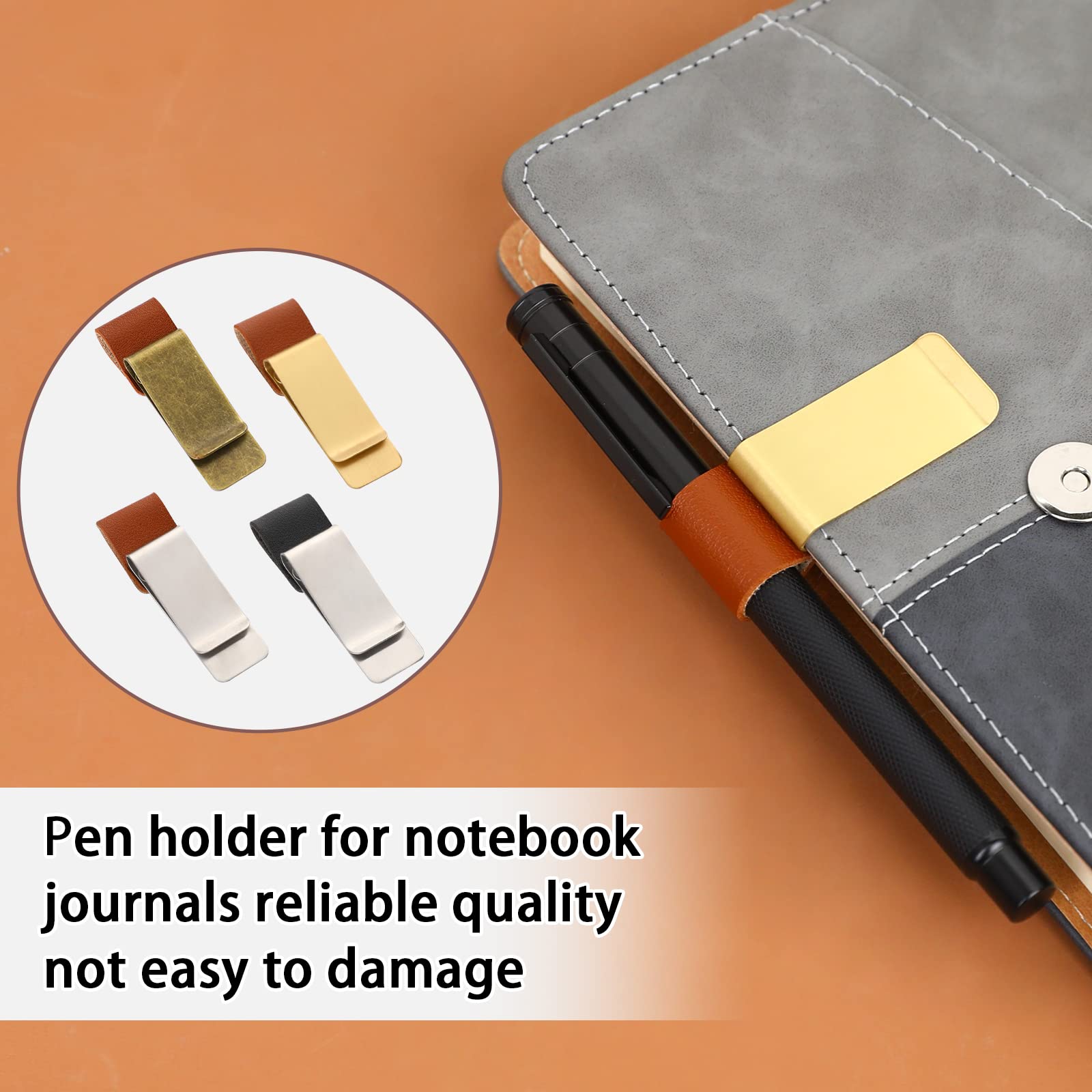 Leather Pen Holder Clip for Notebook,4 Pcs Vintage Pen Loop Clip Stainless Steel Pen Loop Holder PU Leather Pen Clip Pen Sleeve for Notebooks, Journals, Planner, Fit Most Pen Size