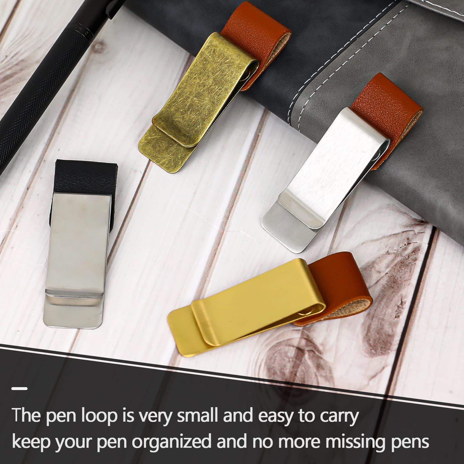 Leather Pen Holder Clip for Notebook,4 Pcs Vintage Pen Loop Clip Stainless Steel Pen Loop Holder PU Leather Pen Clip Pen Sleeve for Notebooks, Journals, Planner, Fit Most Pen Size