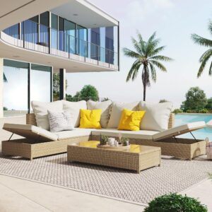 merax patio furniture sets outdoor, all weather pe rattan sofa with adjustable chaise lounge, seat cushions and tempered glass table, beige