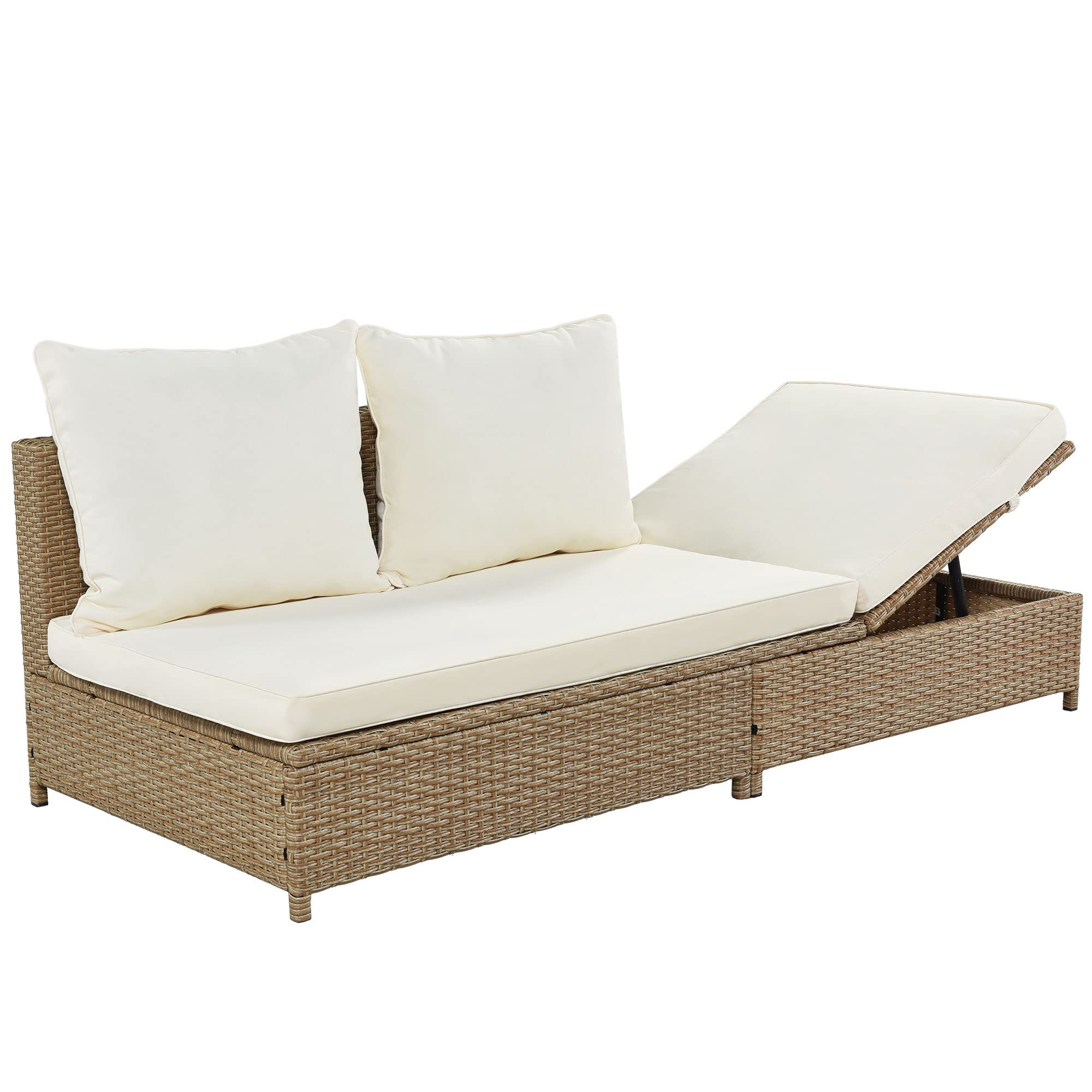 Merax Patio Furniture Sets Outdoor, All Weather PE Rattan Sofa with Adjustable Chaise Lounge, Seat Cushions and Tempered Glass Table, Beige