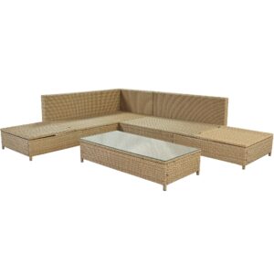 Merax Patio Furniture Sets Outdoor, All Weather PE Rattan Sofa with Adjustable Chaise Lounge, Seat Cushions and Tempered Glass Table, Beige