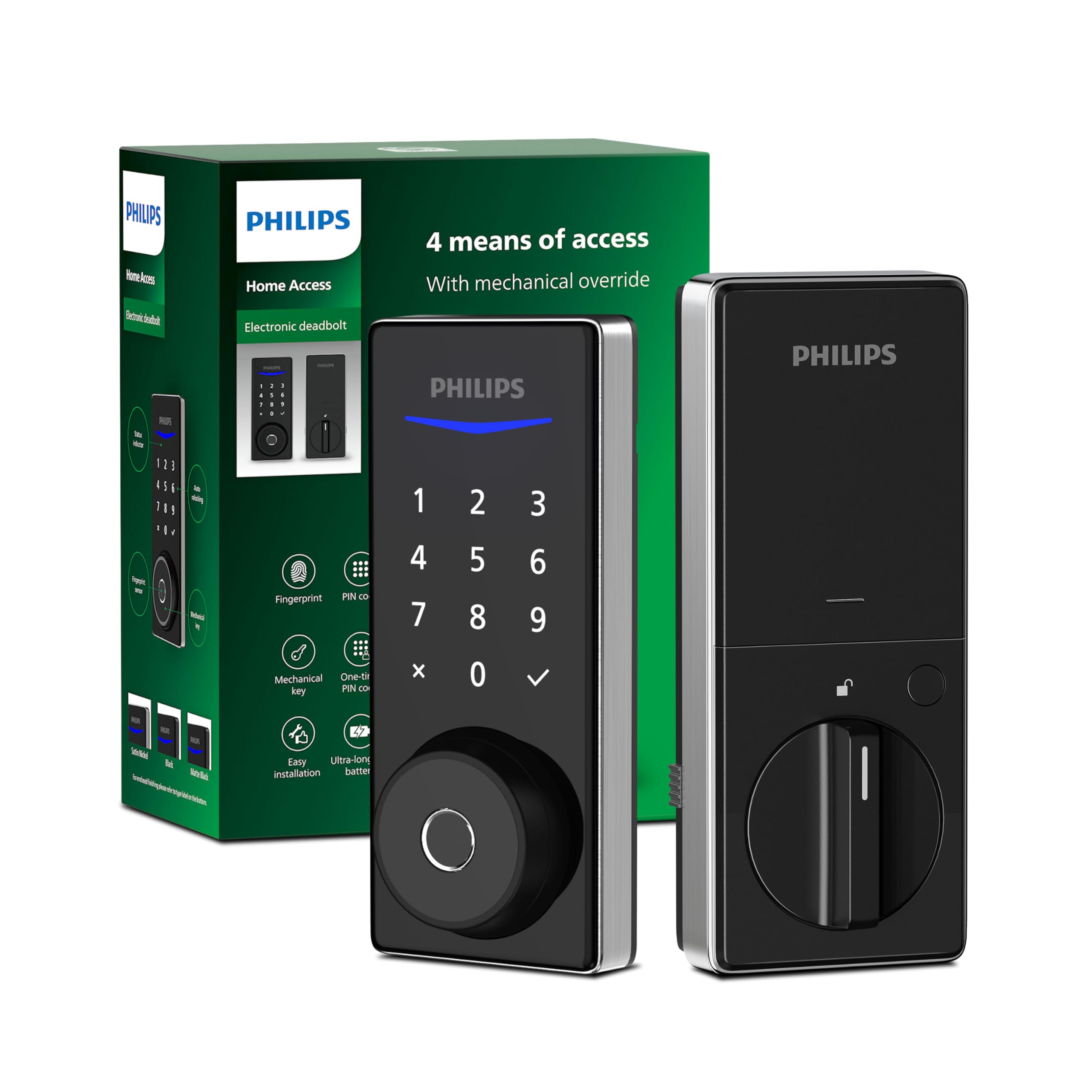 Philips Fingerprint Door Lock, Keyless Entry Door Lock, Electronic Door Lock, Touchscreen Keypad Deadbolt - Easy Installation and Set up - Satin Nickel