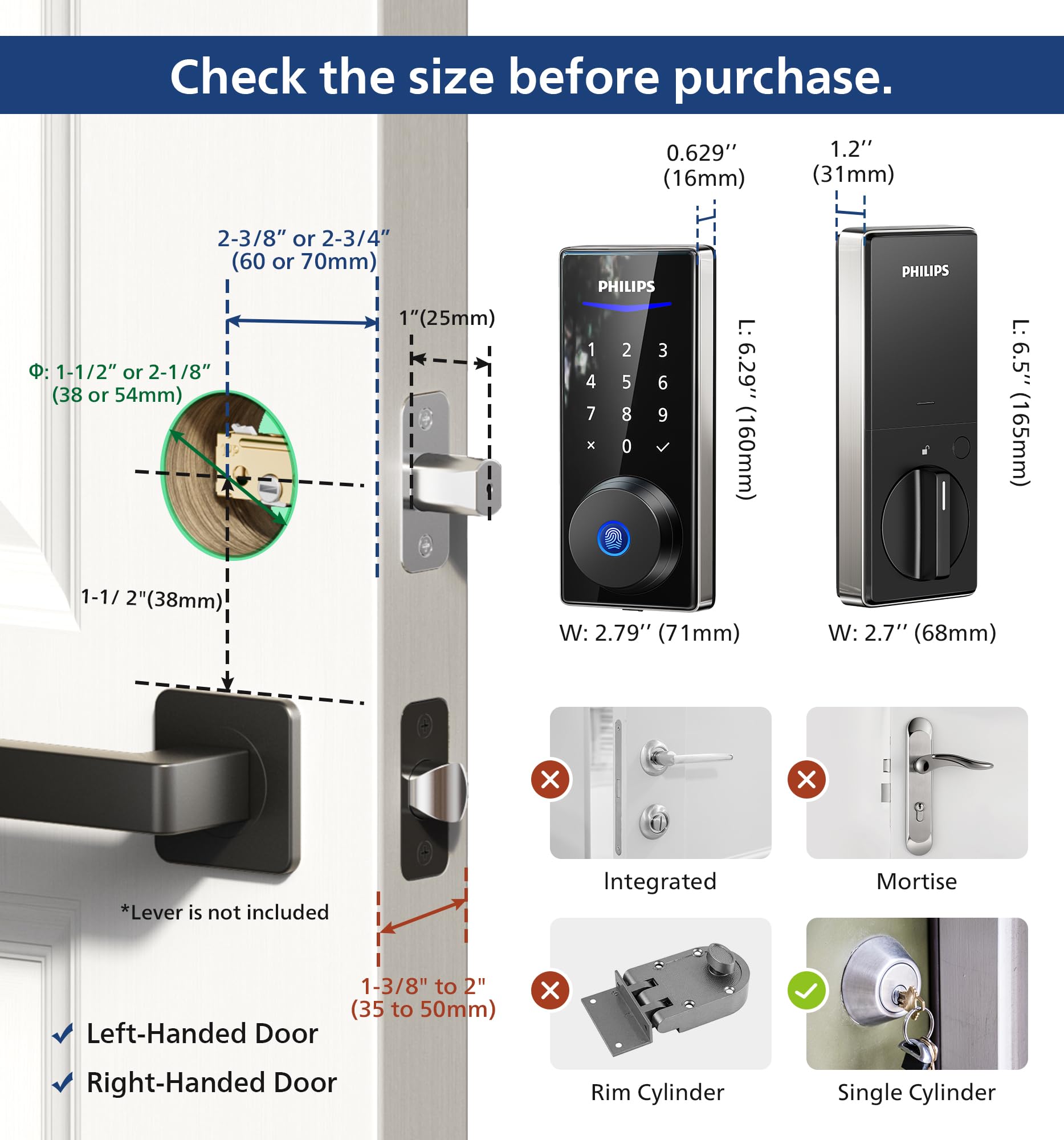 Philips Fingerprint Door Lock, Keyless Entry Door Lock, Electronic Door Lock, Touchscreen Keypad Deadbolt - Easy Installation and Set up - Satin Nickel