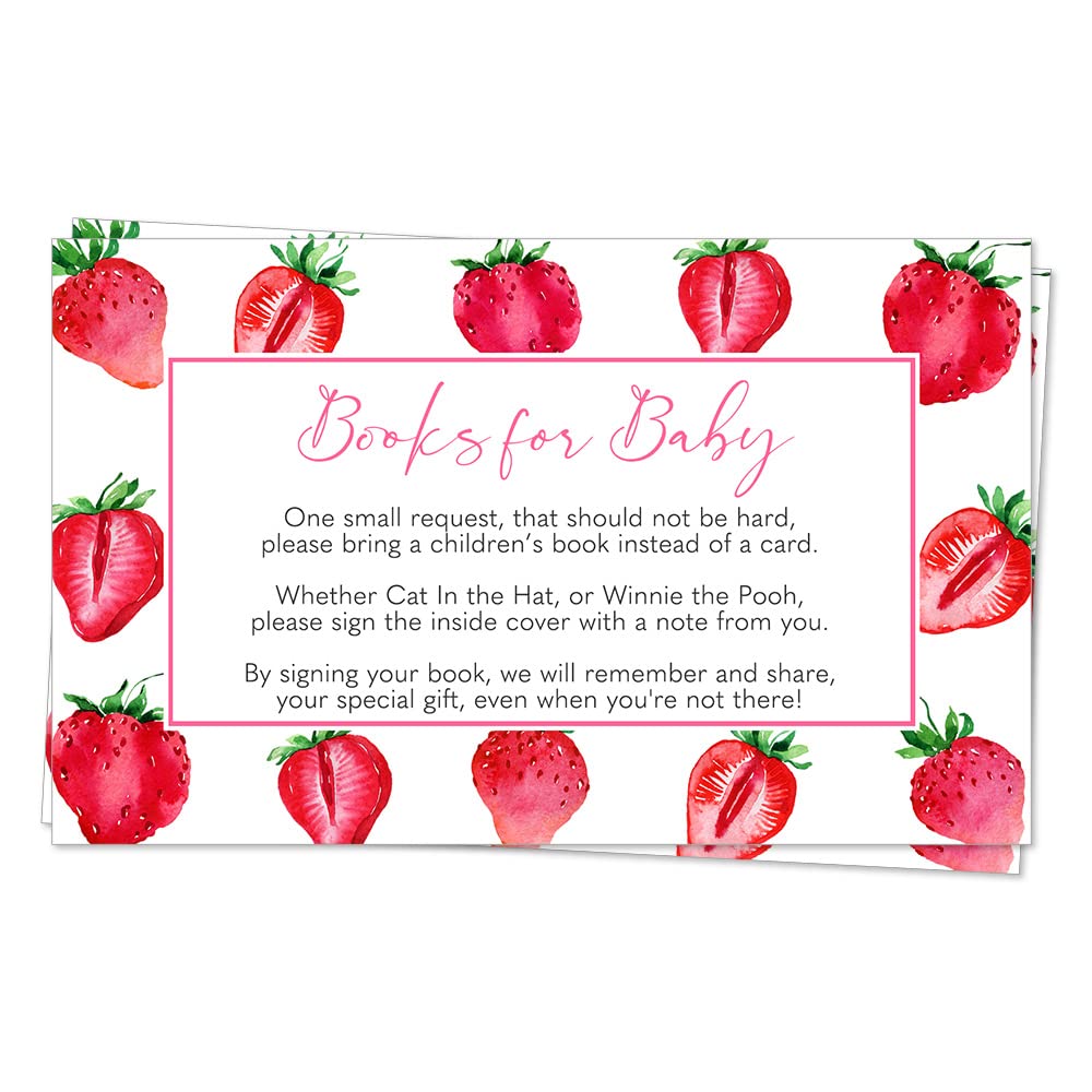 The Invite Lady Strawberry Baby Shower Bring A Book Insert Little Library Straw Berry Sweet Fruit Girl Pink Summer Printed Cards (25 Count)