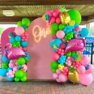 166pcs flamingo tropical balloon garland arch kit, fiesta aloha luau hawaiian summer theme hot pink green pineapple balloons for birthday baby shower bridal wedding bachelorette party decoration