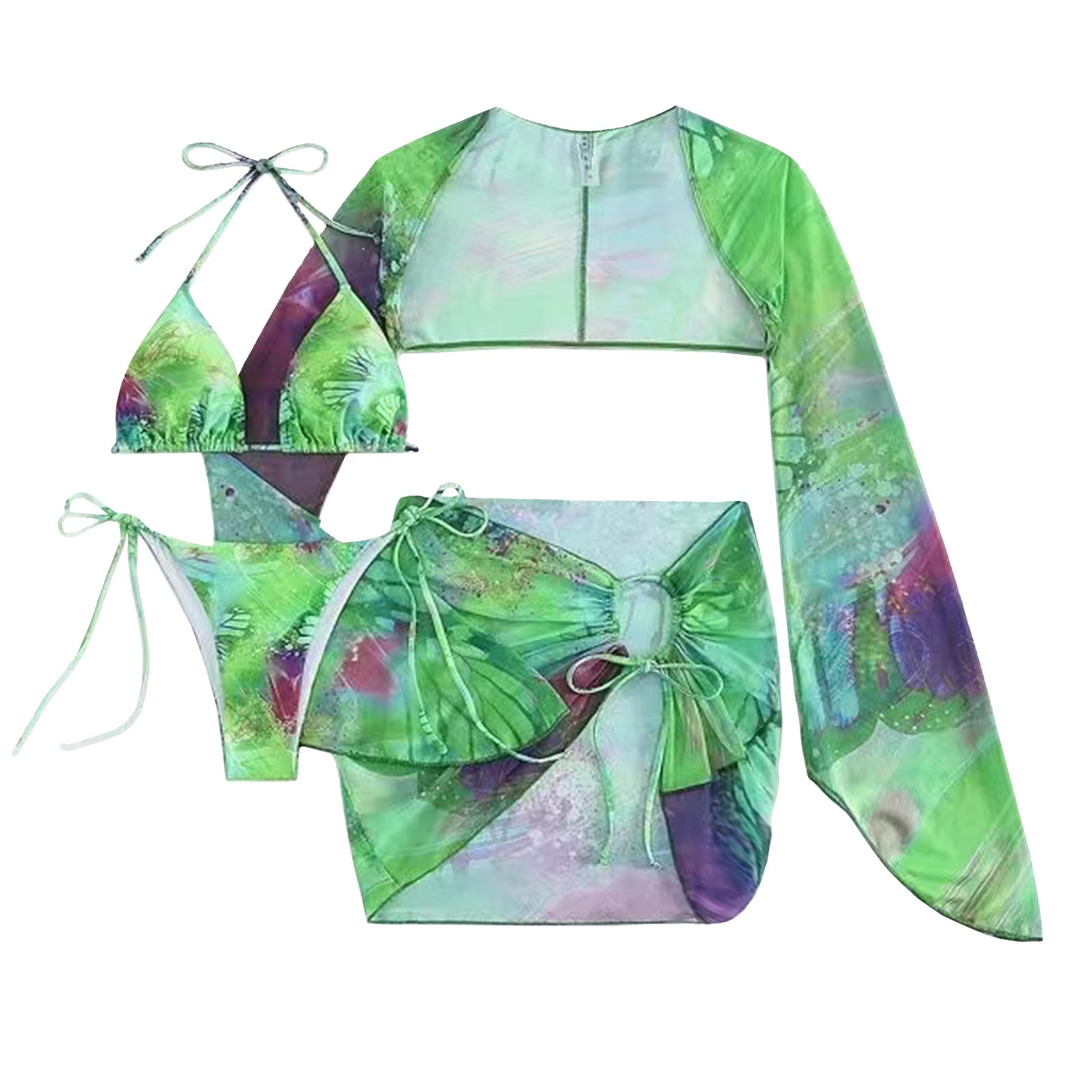 4 Piece Swimsiut for Women, Multi-color Halo Dye Tie Dye Floral Butterfly Sleeved Pleated Drawstring Bikini Cover Up Skirt