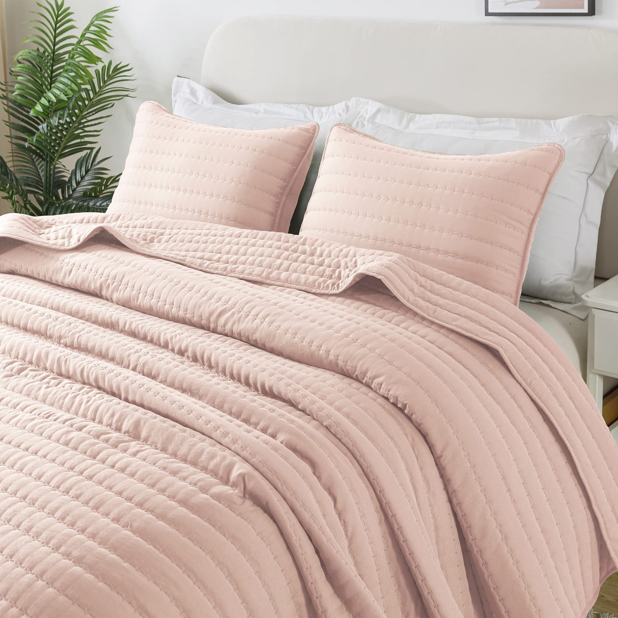 ROARINGWILD Pink Queen Size Quilt Bedding Sets with Pillow Shams, Mustard Full Lightweight Soft Bedspread Coverlet, Quilted Blanket Thin Comforter Bed Cover for All Season, 3 Pieces, 90x90 inches