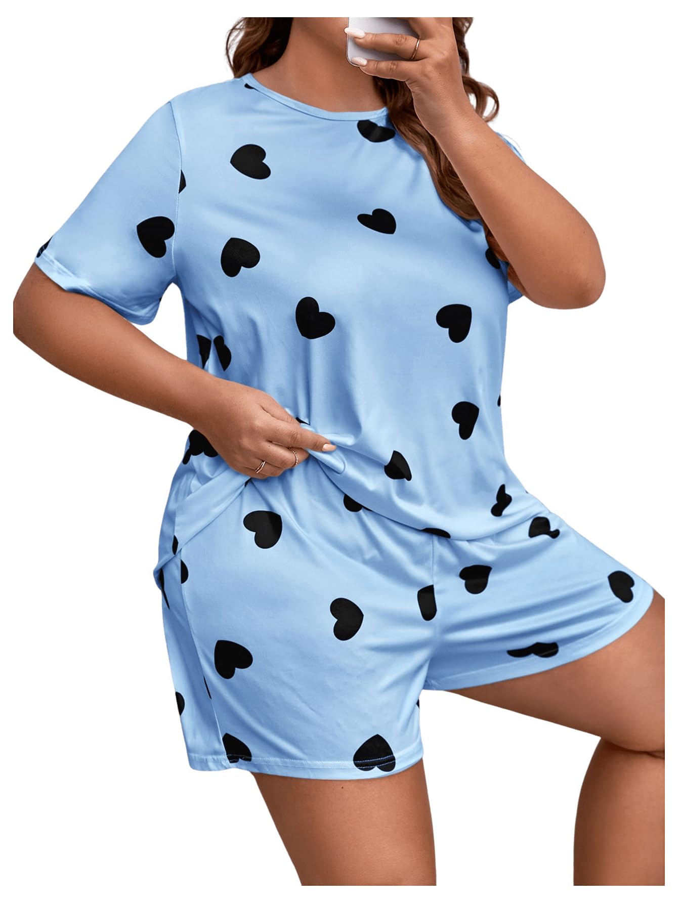 GORGLITTER Women's Plus Size 2 Piece Pajama Set Heart Print Short Sleeve Crewneck Tee with Shorts Pjs Set Light Blue 4X-Large Plus