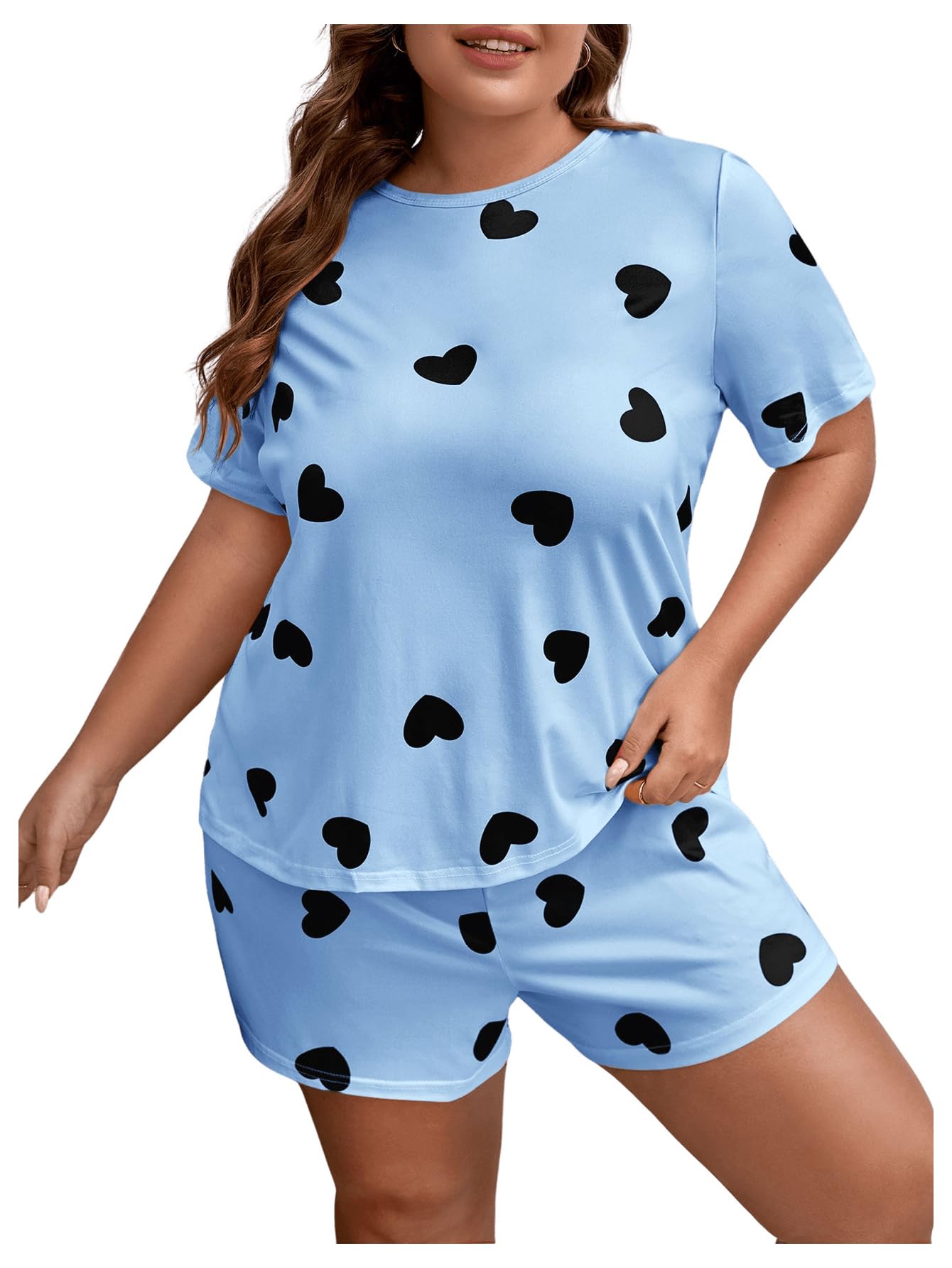 GORGLITTER Women's Plus Size 2 Piece Pajama Set Heart Print Short Sleeve Crewneck Tee with Shorts Pjs Set Light Blue 4X-Large Plus