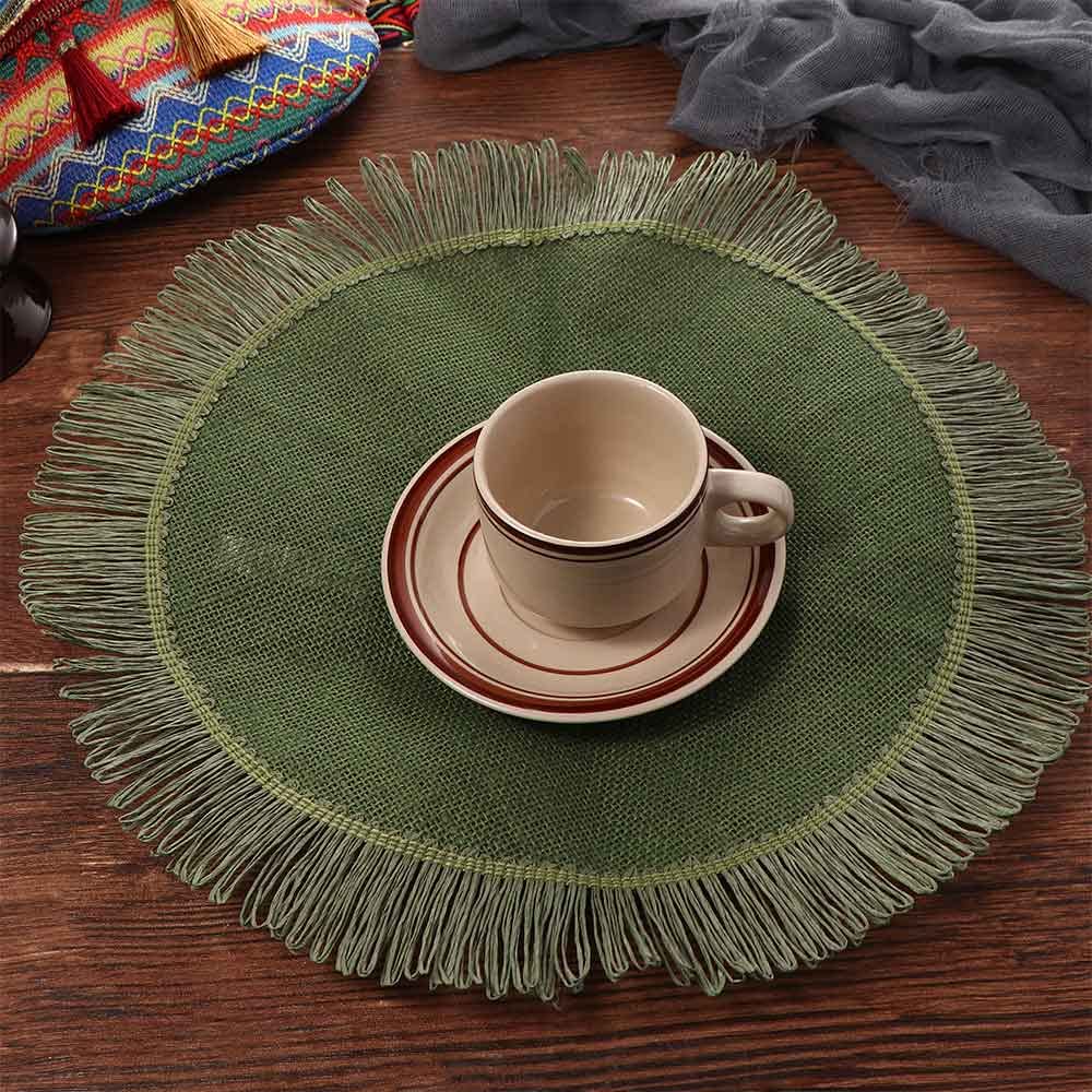 Cup Pad Placemat,Jute Simple Insulation Pad Heat Insulation Non-Slip Boho Coaster Environmental Tassel Table Mat(Black)