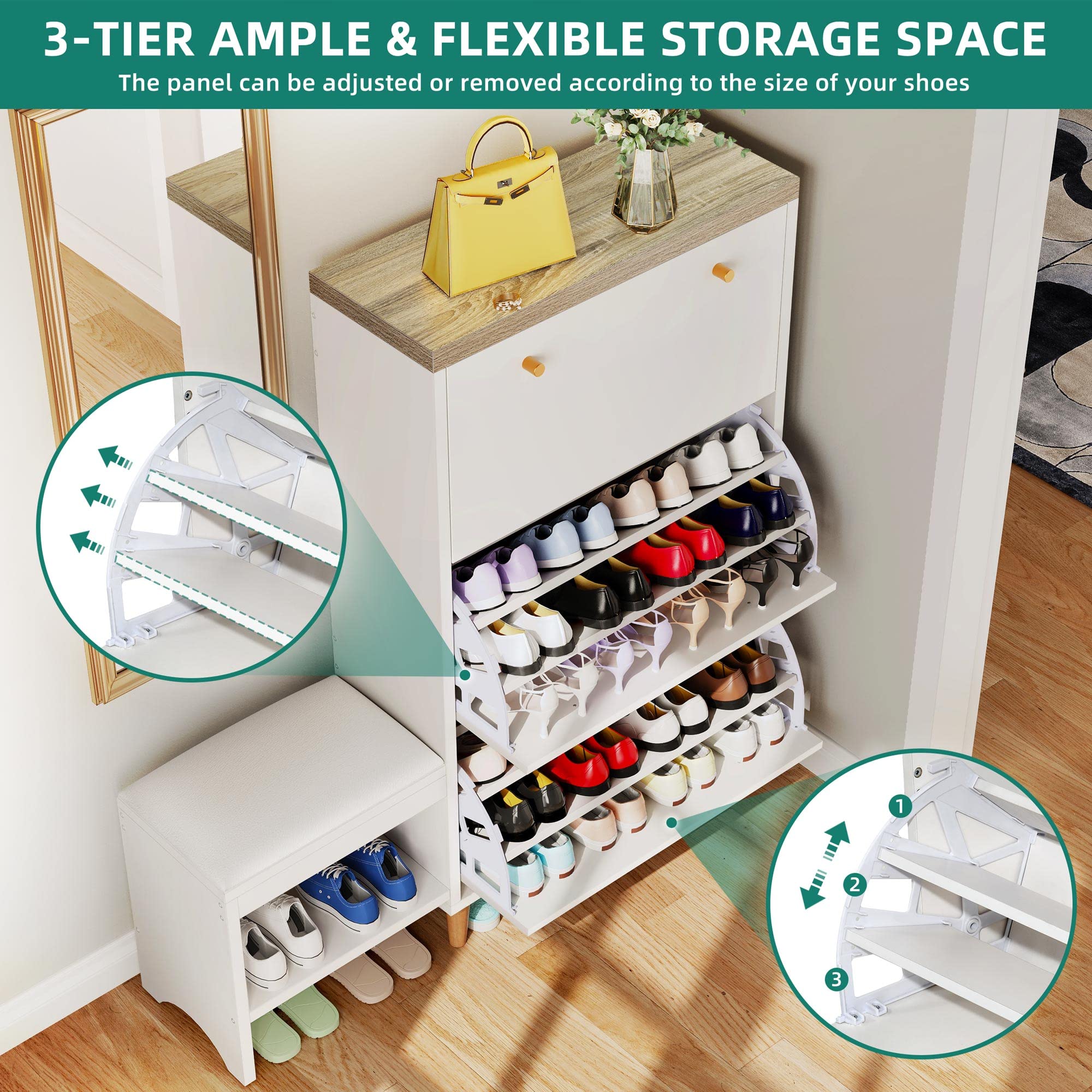 YITAHOME Shoe Cabinet with 3 Flip Drawers, Modern Shoe Storage Cabinet with Shoe Bench for Entryway, Freestanding Hidden Shoe Rack Storage Organizer with Gold Metal Handle, Living Room, White