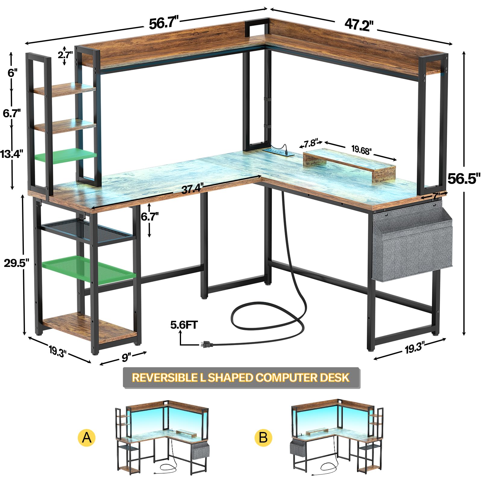 Aheaplus L Shaped Desk with Power Outlet, L Shaped Gaming Desk with Led Light & Hutch, Reversible Home Office Desk, Corner Computer Desk Writing Desk with Monitor Stand & Storage Shelf, Rustic Brown