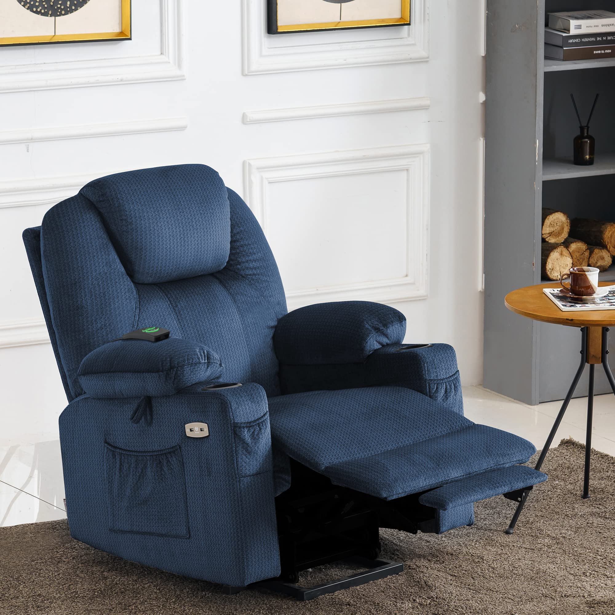 MCombo Medium Power Lift Recliner Chair Sofa with Massage and Heat for Elderly, 3 Positions, Cup Holders, and USB Ports, 2 Side Pockets, Fabric 7040 (Medium, Yale Blue)