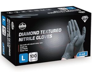 amozife 8 mil disposable nitrile industrial gloves with raised diamond texture, powder & latex free, tear resistant, black, medium