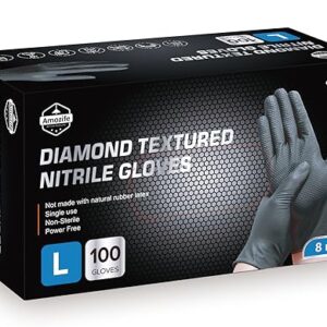 Amozife 8 Mil Disposable Nitrile Industrial Gloves with Raised Diamond Texture, Powder & Latex Free, Tear Resistant, Black, Medium