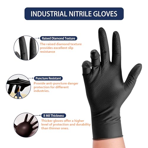 Amozife 8 Mil Disposable Nitrile Industrial Gloves with Raised Diamond Texture, Powder & Latex Free, Tear Resistant, Black, Medium