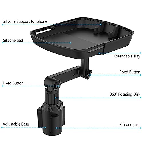 Kelofam Larger Cup Holder Tray, 10 inch Car Food Tray for Eating, Detachable 3 in 1 Car Cup Holder Expander and 360° Rotating Car Cup Holder Tray Table with Phone Holder, Road Trip Essentials