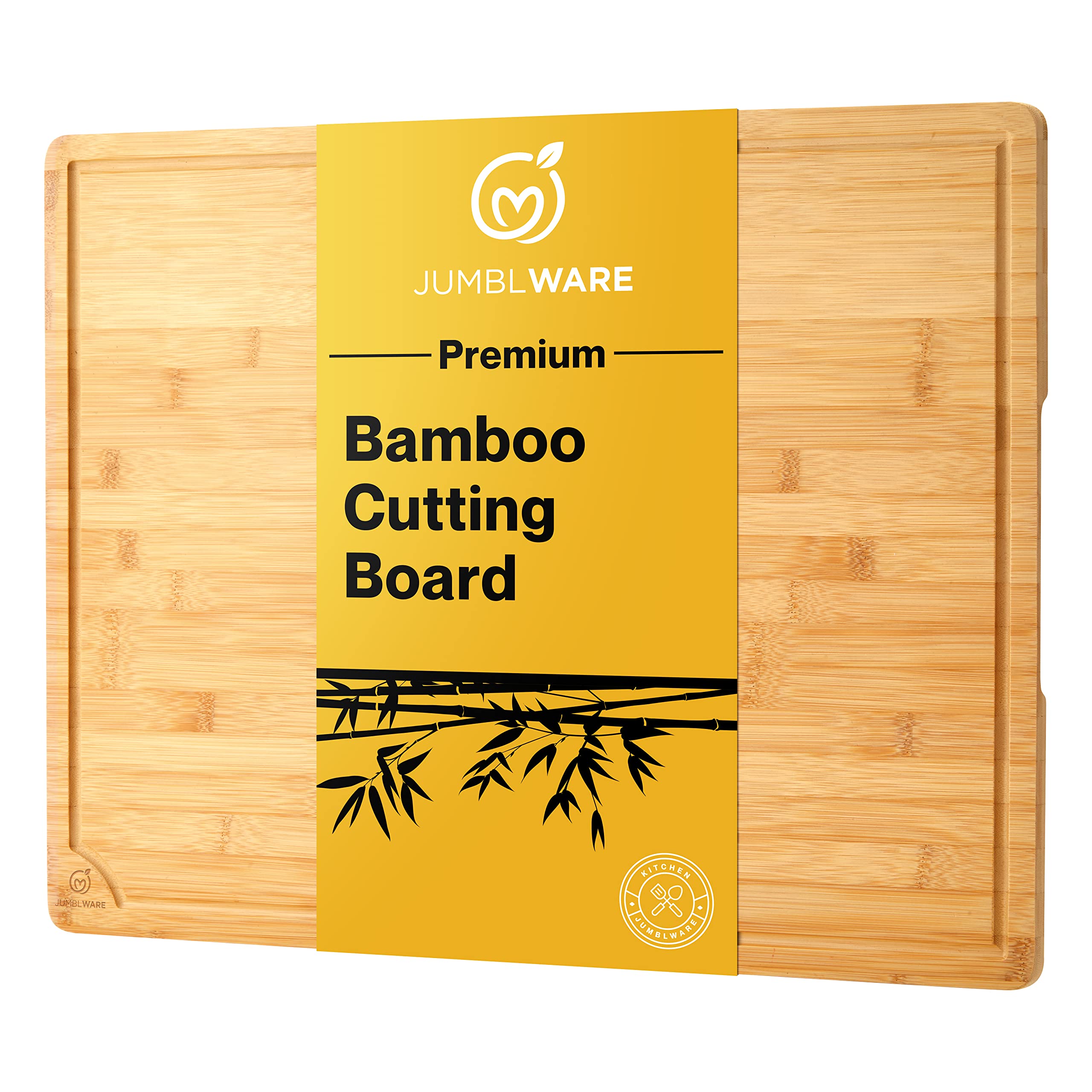 JumblWare Bamboo Cutting Board. Heavy Duty Wooden Chopping Block Tray with Handles & Juice Groove for Meat, Cheese, Fruits, Vegetables & Charcuterie. Kitchen Gift for Men & Women. Large, 24” x 18”