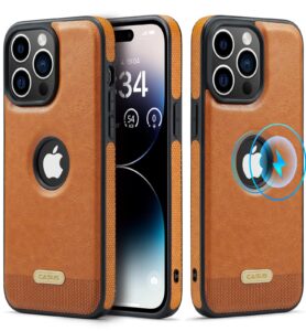 casus designed for iphone 14 pro case compatible with magsafe leather slim logo view luxury elegant thin protective cover (2022) 6.1" - brown