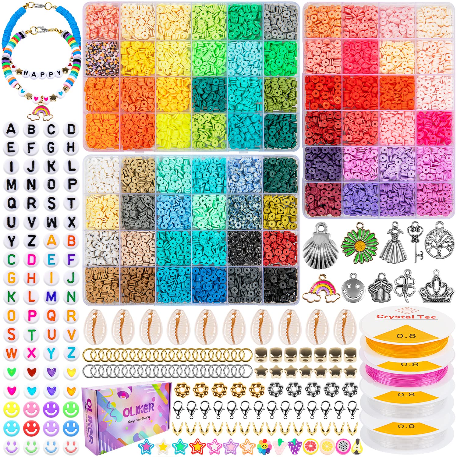 OLIKER 12600 Pcs Clay Beads for Bracelet Making Kit,72 Colors Flat Round Polymer Clay Beads Spacer Heishi Beads for Jewelry Making for Girls 8-12 with Pendant Charms Kit