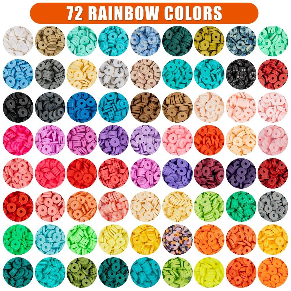 OLIKER 12600 Pcs Clay Beads for Bracelet Making Kit,72 Colors Flat Round Polymer Clay Beads Spacer Heishi Beads for Jewelry Making for Girls 8-12 with Pendant Charms Kit