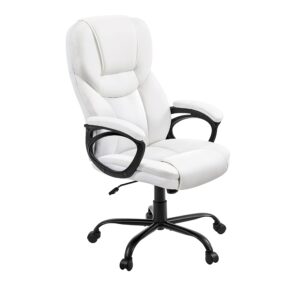 yaheetech high back executive office chair faux leather managerial chair ergonomic computer meeting chair large seat, sturdy metal base,white