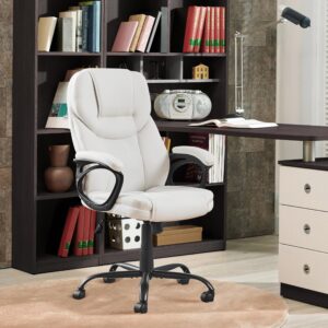 Yaheetech High Back Executive Office Chair Faux Leather Managerial Chair Ergonomic Computer Meeting Chair Large Seat, Sturdy Metal Base,White