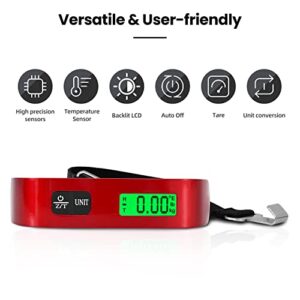 BAGAIL Digital Luggage Scale,110lbs Hanging Baggage Scale with Backlit LCD Display,Portable Suitcase Weighing Scale,Travel Luggage Weight Scale with Hook,Strong Straps for Travelers.(Red with Temp）