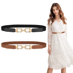 JASGOOD Women Skinny Elastic Belt for Dresses,Thin Retro Stretch Waist Belt with Golden Buckle 2 Pack,Black+Brown,Fit waist size 33-40 inch