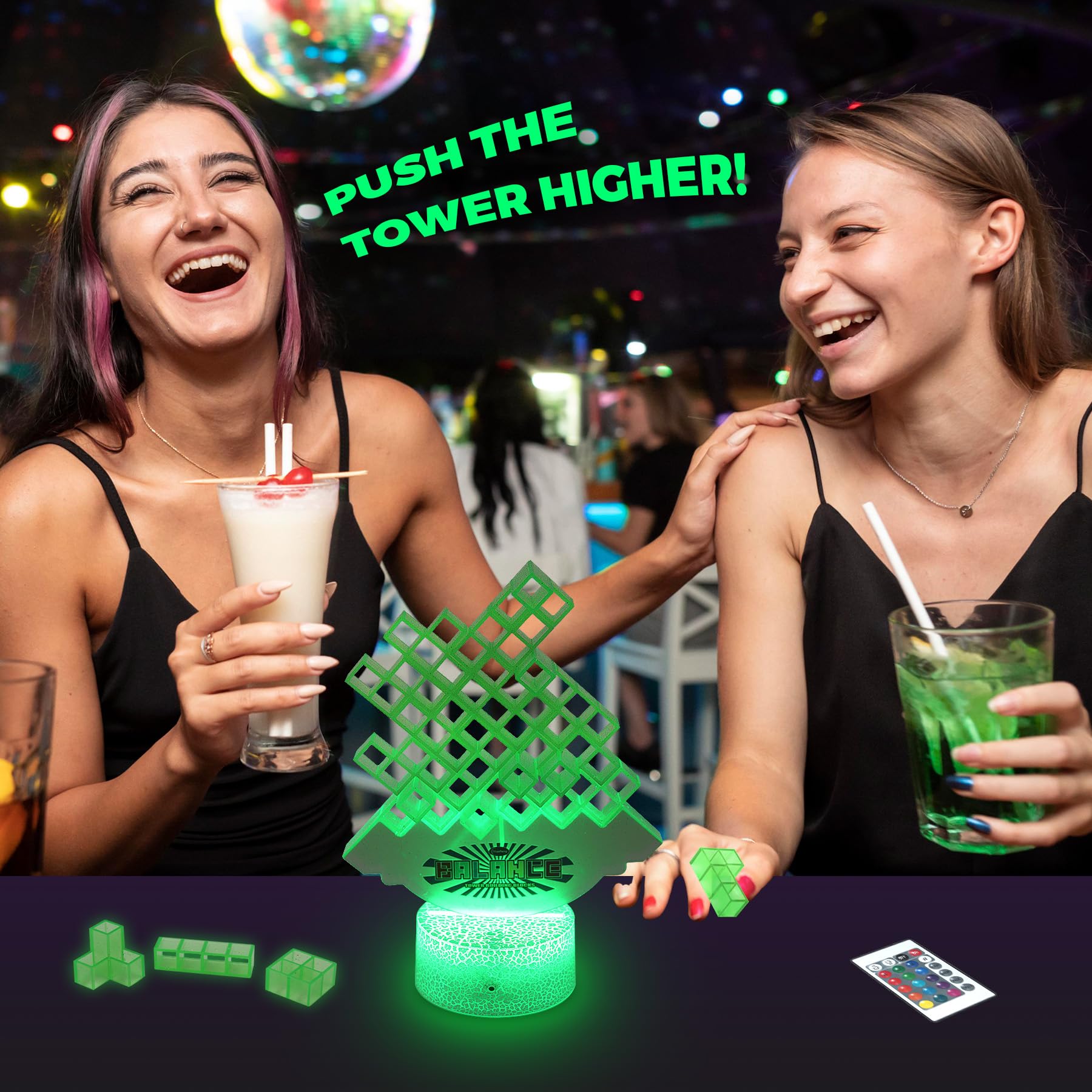 LED Glow in The Dark Stacking Game -Tumble Tetra Balance Tower Game with Color Changing Lights - Suspend Board Games for Adults & Family - Great for Summer Parties, Raves, or Blacklight