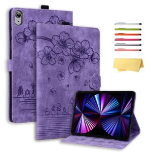 uucovers for ipad 10th generation 10.9 inch case 2022 with stand/pencil holder/pocket/magnetic smart embossed flower pu leather folio cover,auto wake/sleep & multiple angles,cherry blossom purple cat