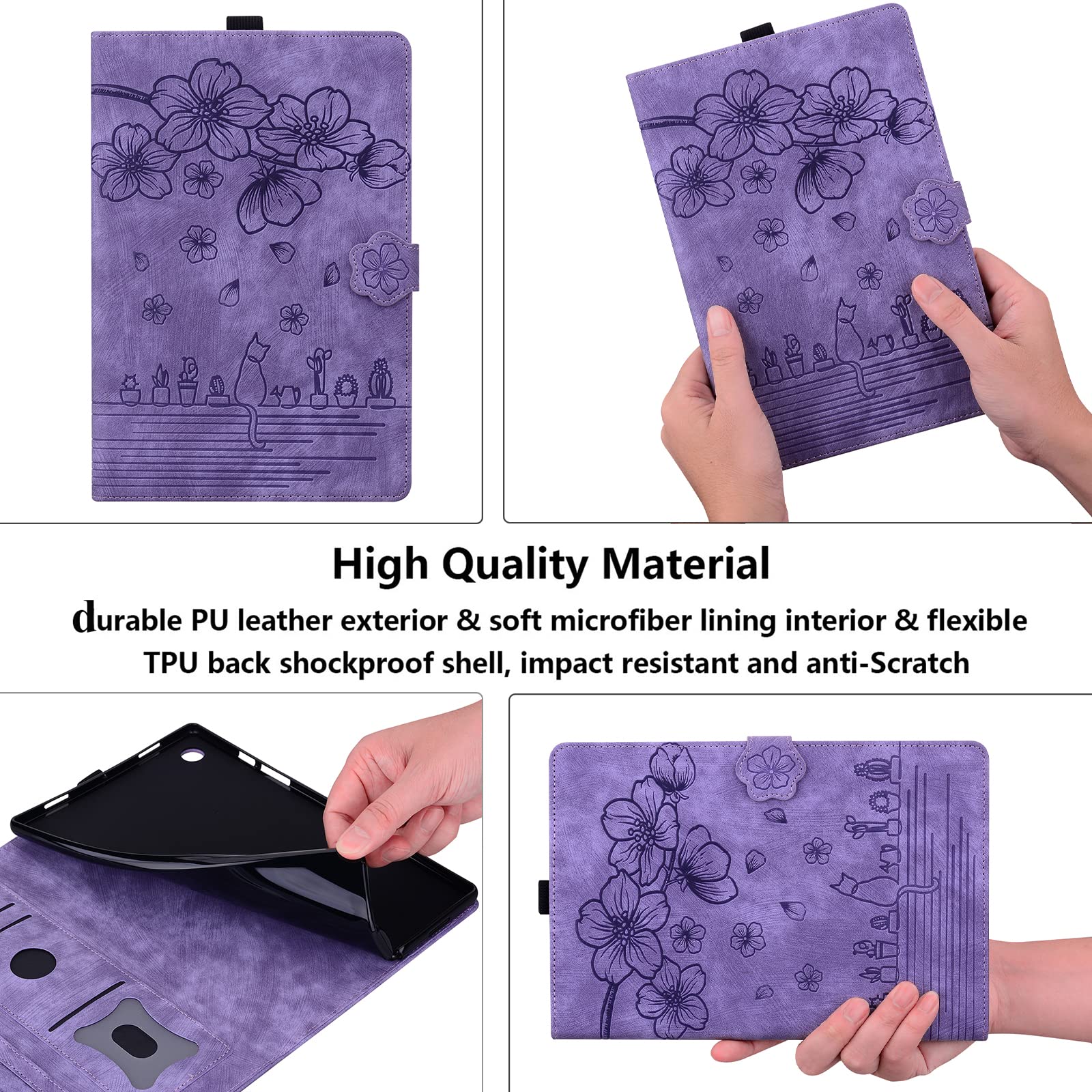 UUcovers for iPad 10th Generation 10.9 inch Case 2022 with Stand/Pencil Holder/Pocket/Magnetic Smart Embossed Flower PU Leather Folio Cover,Auto Wake/Sleep & Multiple Angles,Cherry Blossom Purple Cat