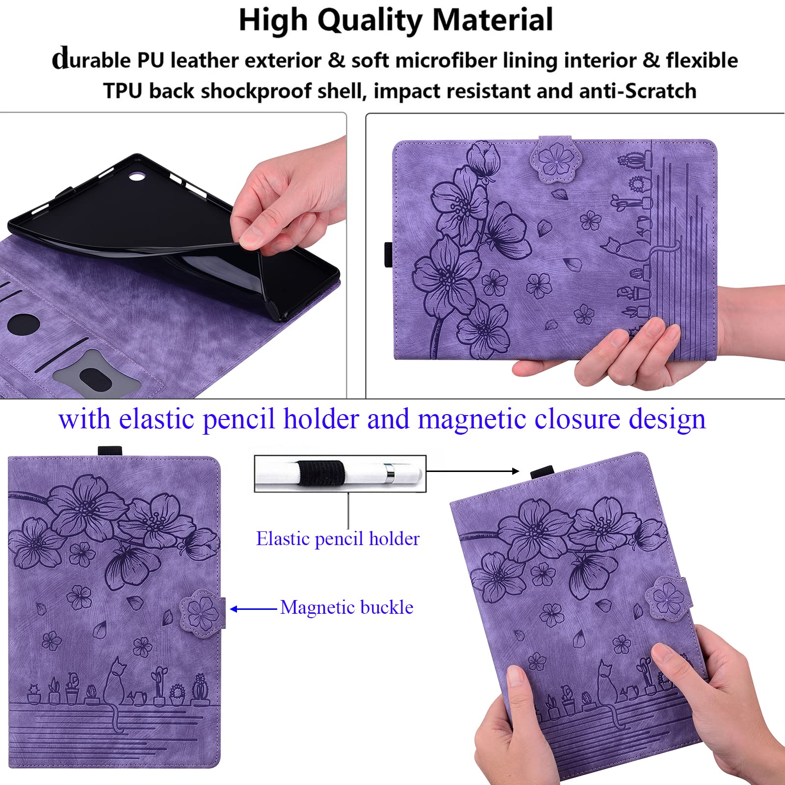 UUcovers for iPad 10th Generation 10.9 inch Case 2022 with Stand/Pencil Holder/Pocket/Magnetic Smart Embossed Flower PU Leather Folio Cover,Auto Wake/Sleep & Multiple Angles,Cherry Blossom Purple Cat